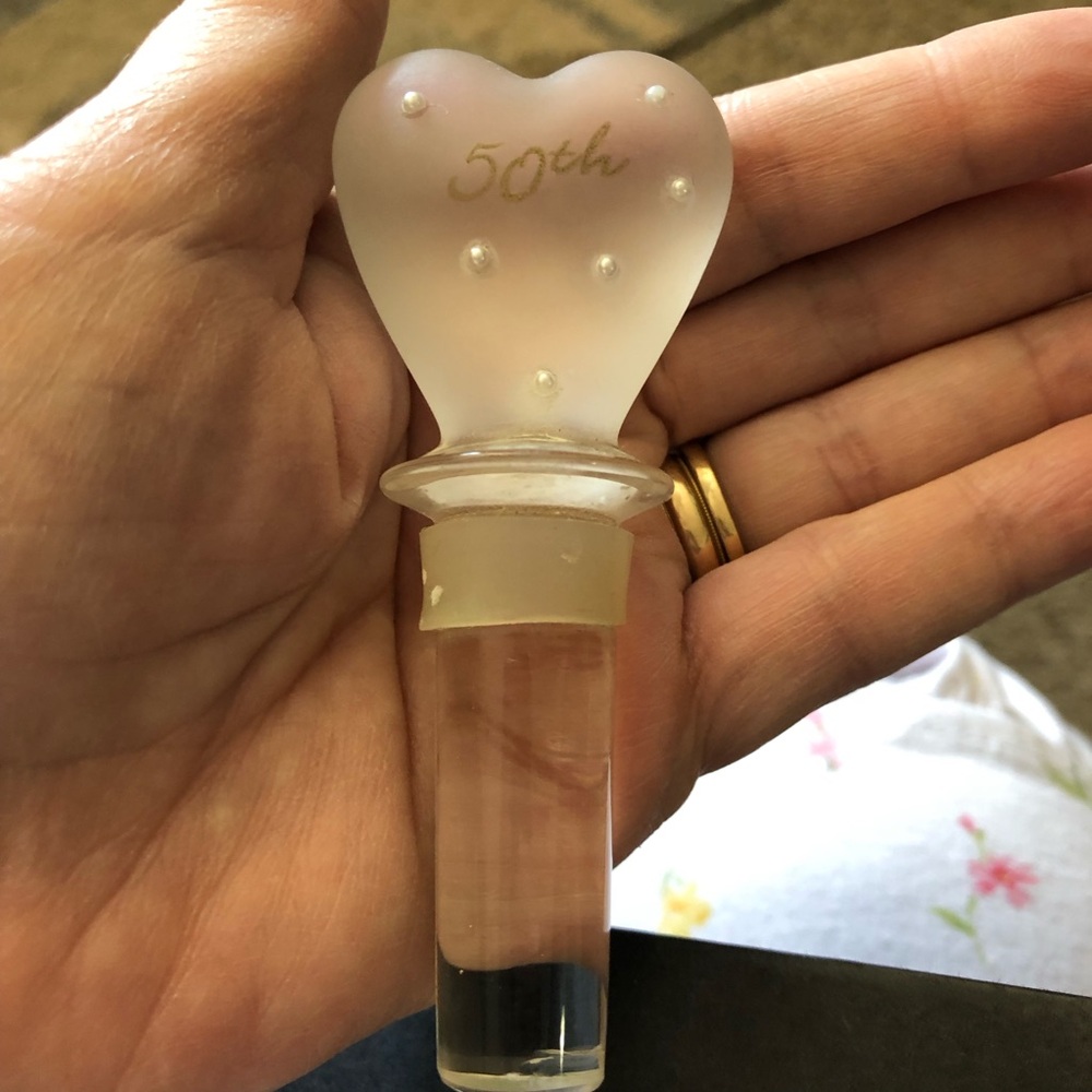 Vintage clear, frosted glass wine bottle stopper 50th anniversary gold writing